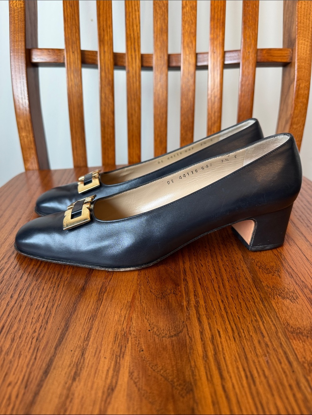 Ferragamo Navy Blue Leather Heels with Gold Buckle Accent - Picture 3 of 7